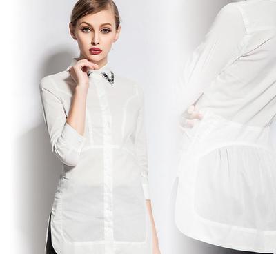 2015春新款女裝 翻領訂珠七分袖修身氣質中長款女式襯衫